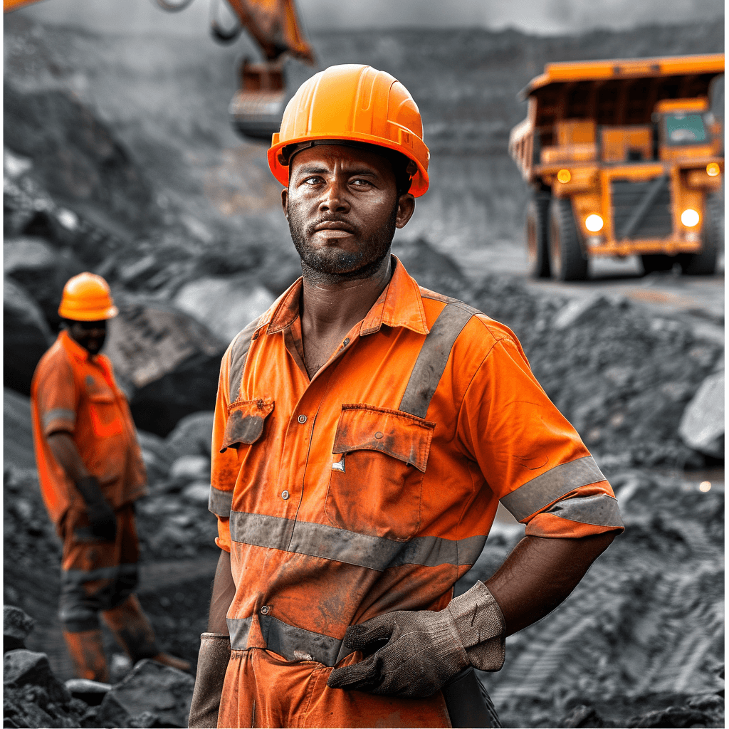 A portrait of an Indian worker in overalls and a helmet standing with his hands on his hips. He is looking at the camera while behind him there is another working person wearing an orange shirt and grey gloves holding a hammer next to mining trucks. The background has coal rocks and a dark sky, in the style of unsplash photography.