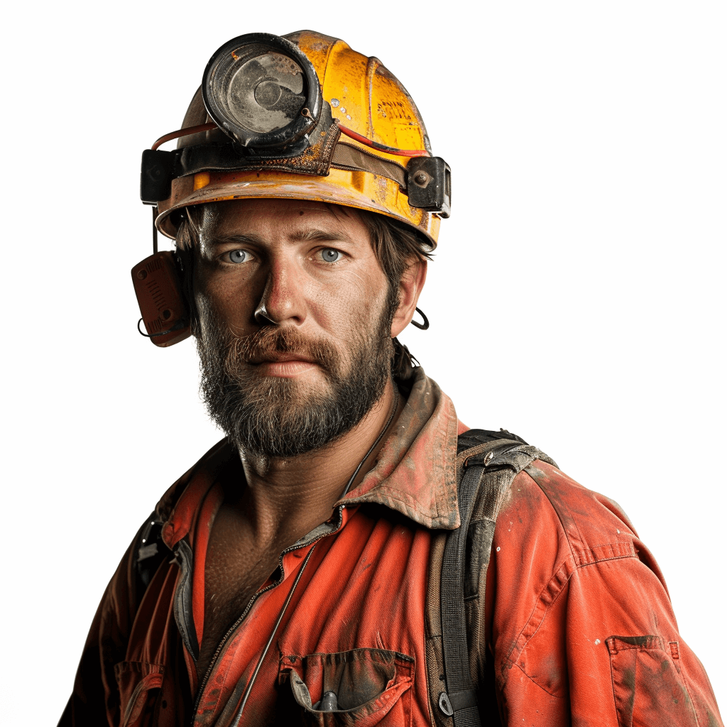 A photo of an American miner, looking directly at the camera against a white background. The man is wearing a helmet and overalls with light on his face. He has short hair and a beard, giving him a rugged appearance. His expression should convey confidence as he stands in front of the camera, ready for work.