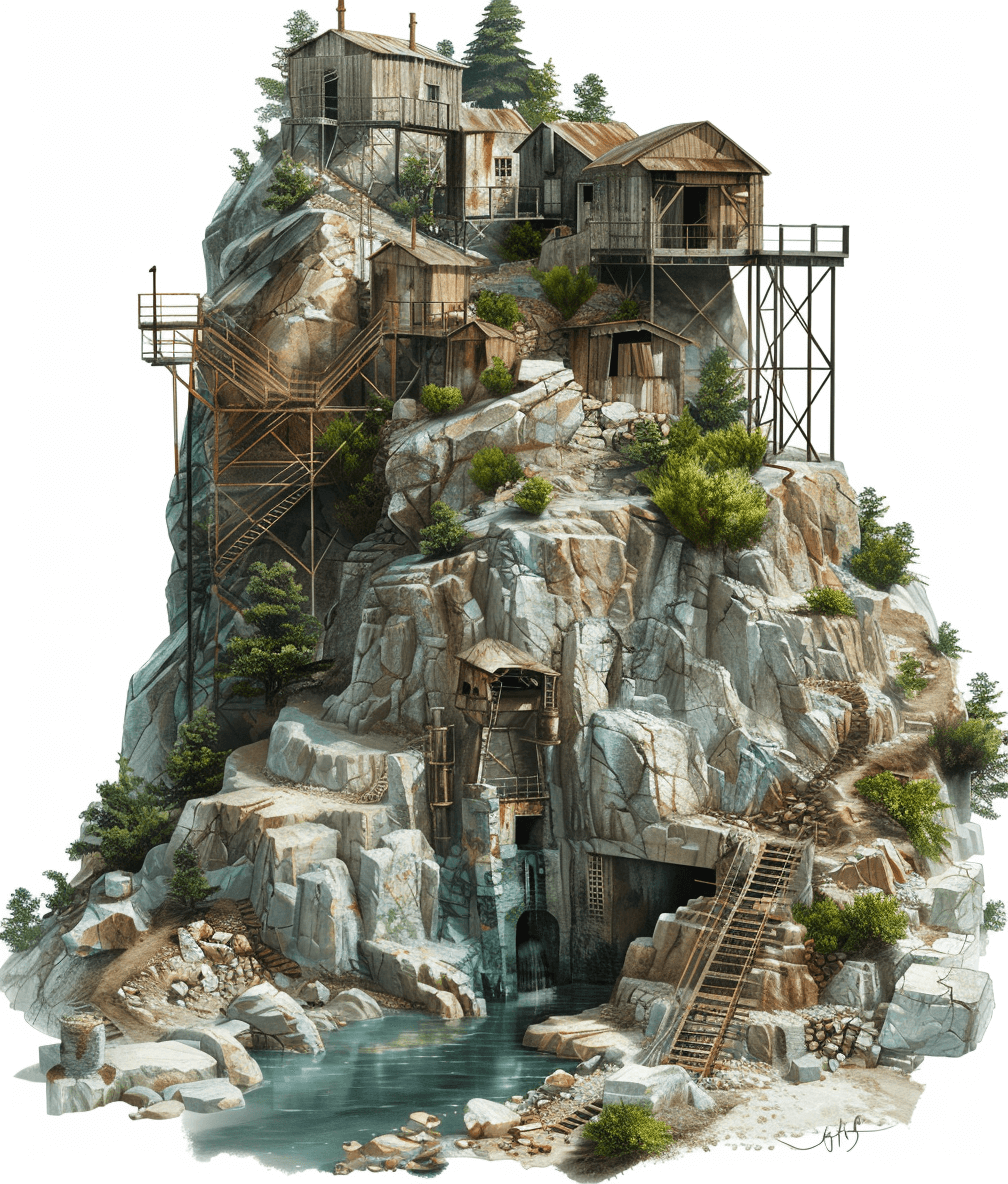 A fantasy concept art of an old abandoned gold mine on top of the mountain, with wooden buildings and stairs leading down to it from above, rocks around, water flowing through the rock, detailed, high resolution, white background, in the style of [John Singer Sargent](https://goo.gl/search?artist%20John%20Singer%20Sargent).