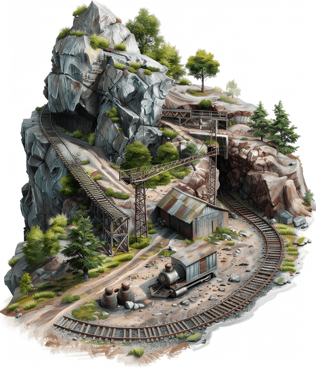 A detailed, realistic depiction of an old abandoned mining site with tracks and rocks, set against a white background. The scene includes various elements such as trees, large rock formations, a mine shaft entrance, wooden bridges over the ground track, metal sleepers on one side of the rocky mountain, a rustic rail car, a small steam engine at the top left corner, in the style of oil painting, with a watercolor texture, and brush strokes to give it depth and realism.