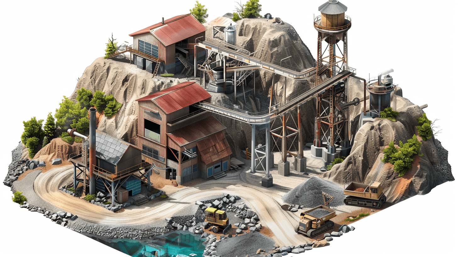 A detailed isometric rendering of an old abandoned mining facility on top of the mountain, surrounded by trees and water in the style of Pixar, with large buildings made from metal, concrete and wood, with an open area where trucks, bulldozers, rocks and blue sand can be seen. White background. No shadows. The rendering must be in high resolution, 3D and with a 45 degree angle.