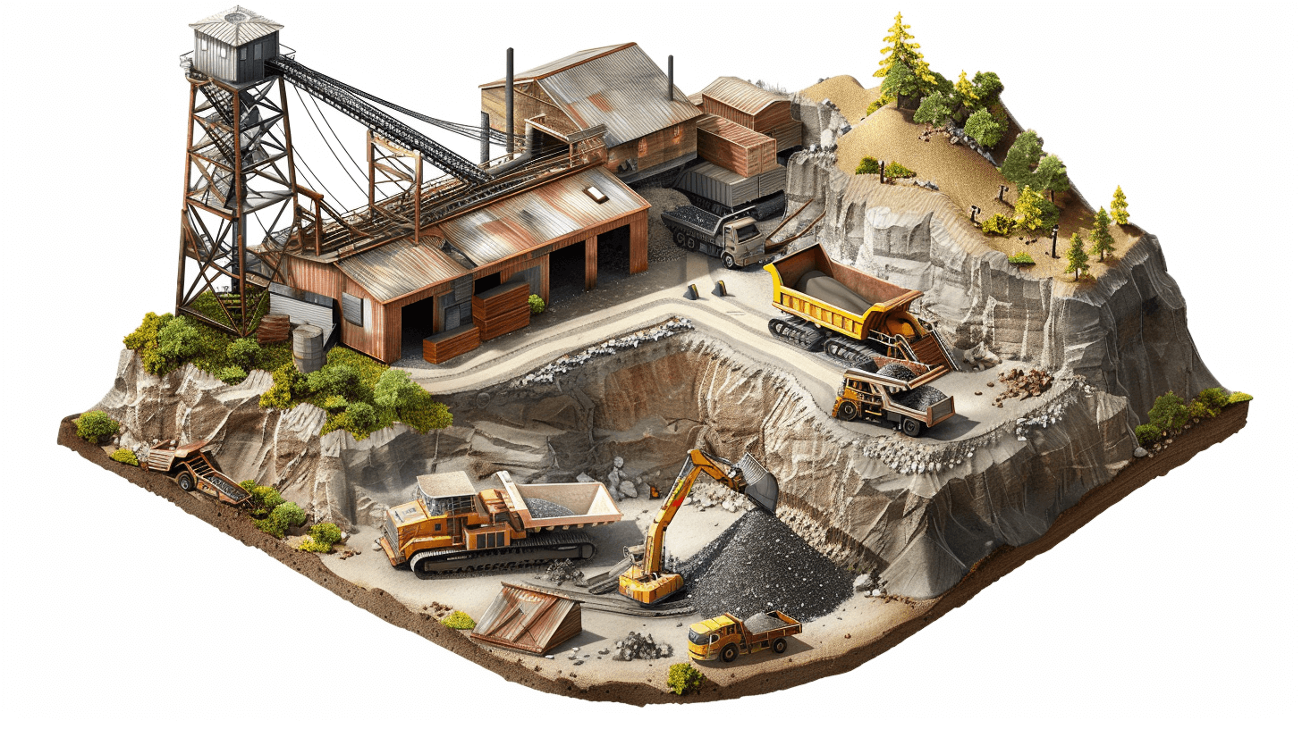 A highly detailed isometric rendering of an old abandoned gold mine with big brown building, there’s open pit and lots on trucks around, some machinery scattered in the scene, there is also small forest nearby. The perspective view shows only half part of white background.