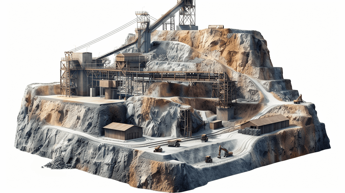 A highly detailed and realistic 3D render of A mine with buildings, machinery, rocks, and equipment on top of the mountain. White background. It is created in Blender using C4d, OC renderer, high resolution photography, and cinematic lighting.