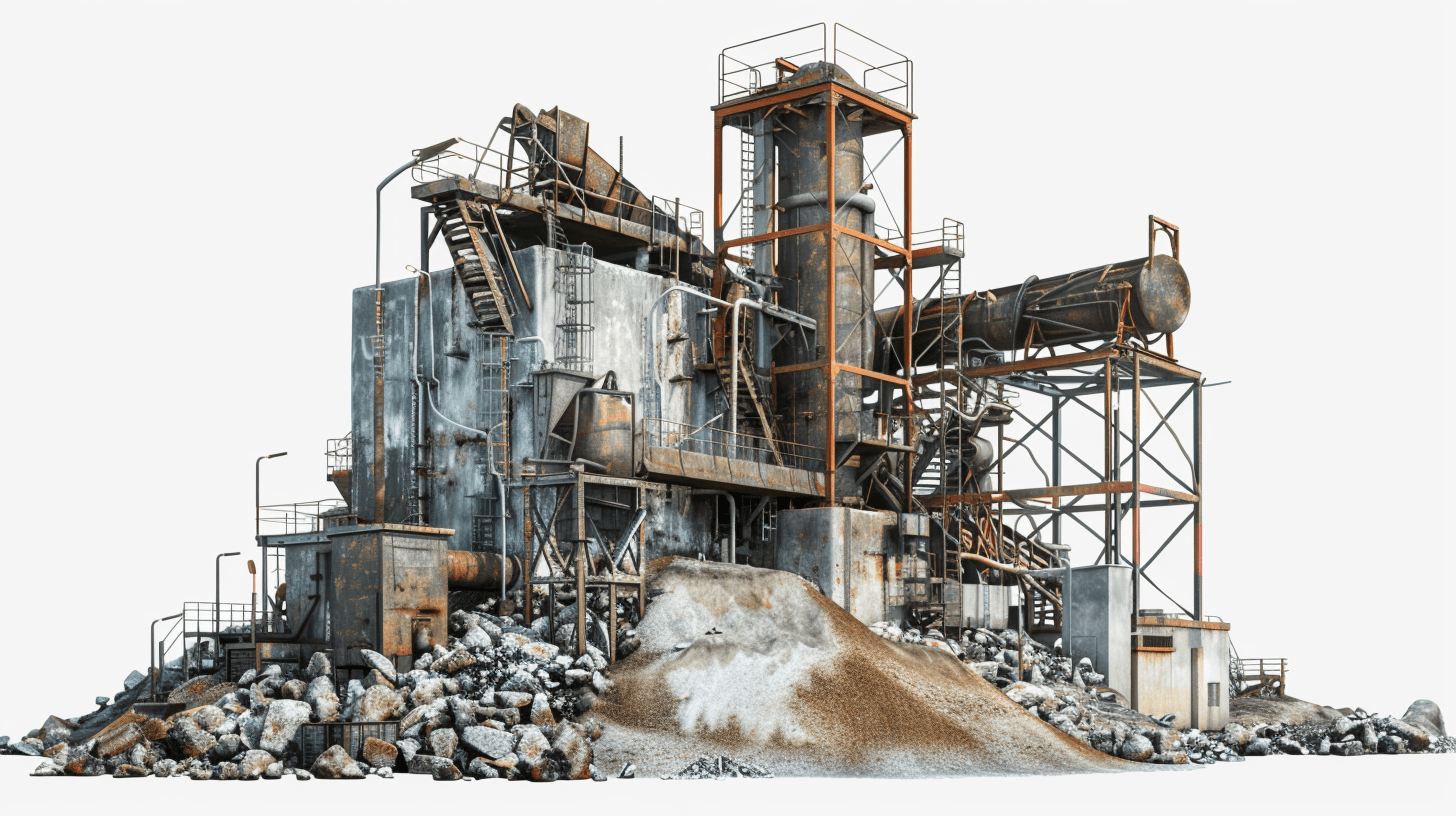 A highly detailed, highresolution rendering of an abandoned sand and rock jaw mining plant, with rusted machinery, weatherbeaten structures, scattered rocks, and piles of broken concrete on the ground. White background.