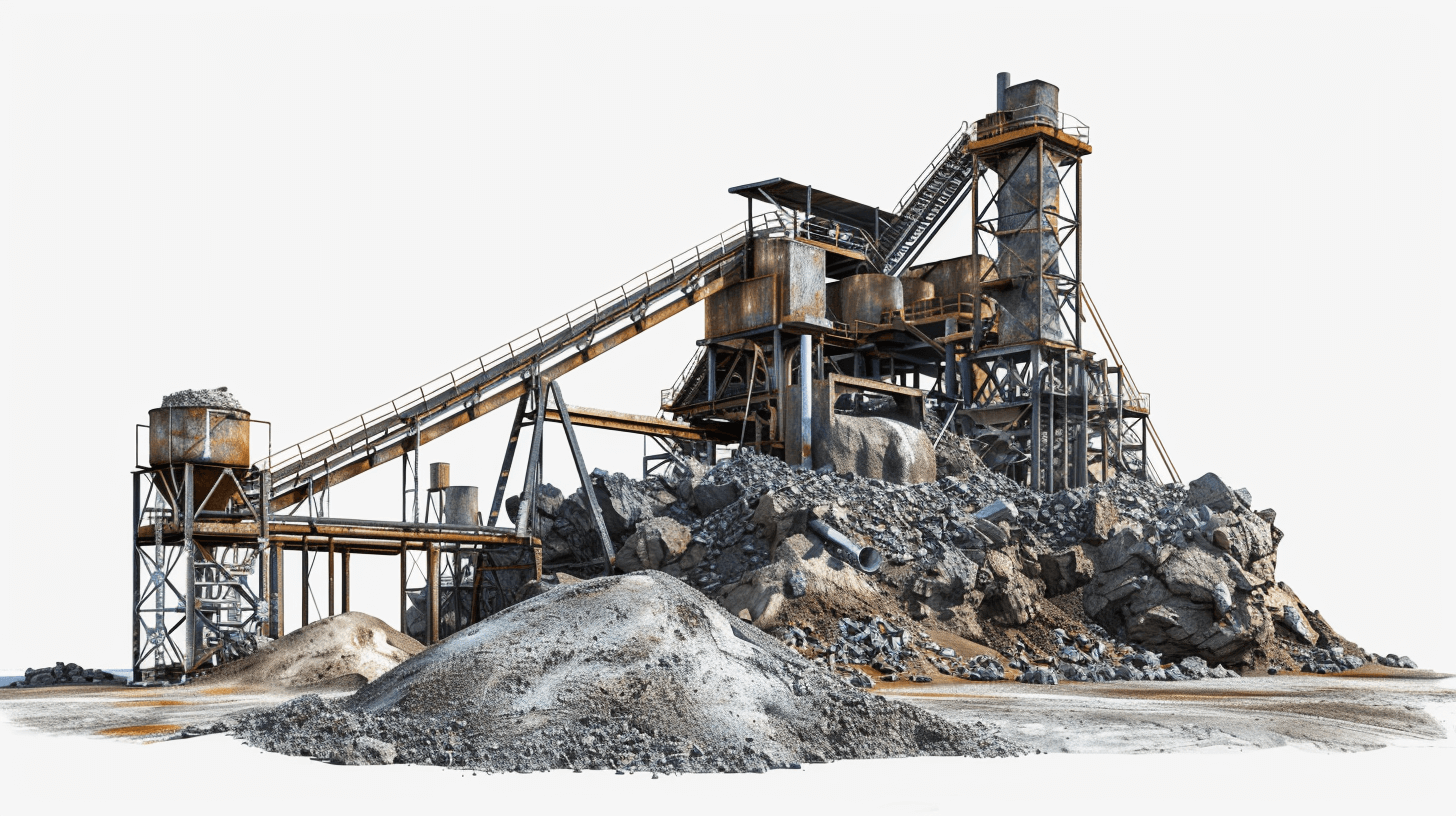 photorealistic illustration of an old, worn out and dusty gold mining plant with rocks on the ground in front of it, white background, full view, no text. The illustration is in the style of an old, worn out and dusty gold mining plant with rocks on the ground before it, on a white background, with a full view and no text.