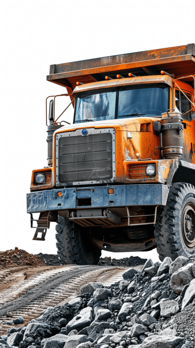 A large orange dump truck is driving on the road, with rocks and soil next to it. The front of an old abandoned gray heavy machinery can be seen in the background against a white background. The photo is photo realistic, high resolution, high detail, closeup, full body shot, natural light, cinematic, in the style of photography.