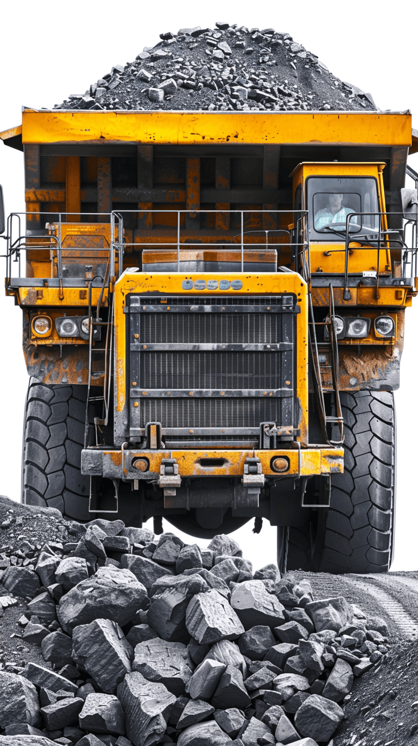 A large yellow mining truck is carrying coal in a front view against a white background in an insanely detailed and intricate, high resolution photographic style. Fine details are shown in the stock photo.