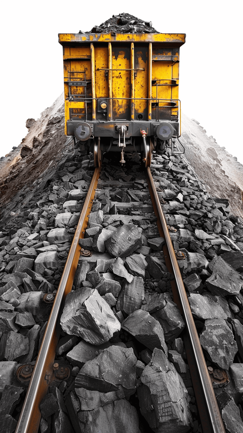 A yellow mine cart on the tracks, full of coal, on a white background, in a high resolution photograph, with insanely detailed and intricate fine details, of an isolated object, in the style of stock photography.