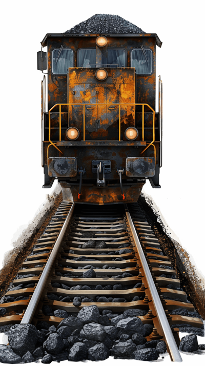 A train carrying coal at the front, shown from above, against a white background, in the style of an illustration, with high resolution, as digital art, with highly detailed work, of high quality, with high detail, in high definition, in a hyper realistic style, with hyperdetailed work, rendered in a hyperrealistic style, in a hyperfine style, with hypercolored details.