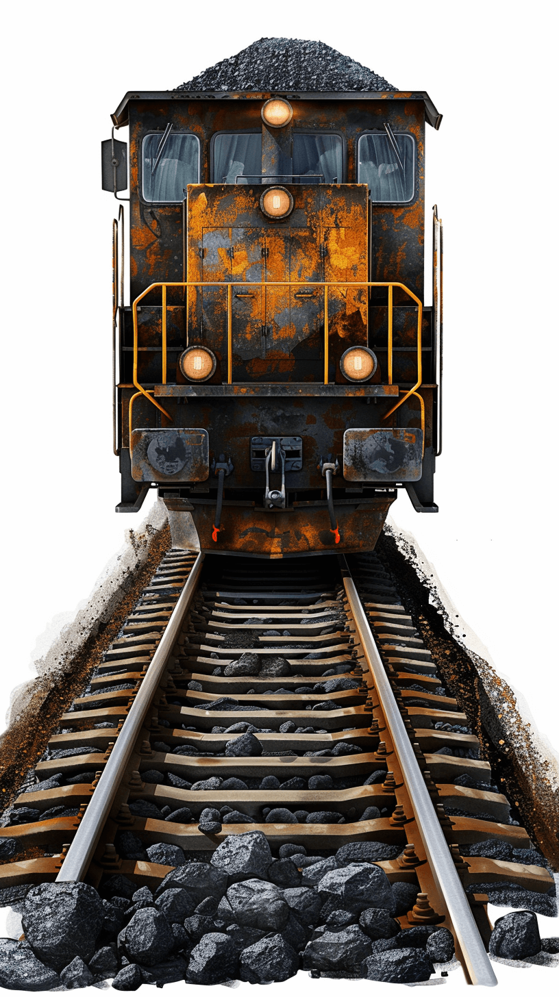 a dirty coal train engine on the tracks, front view, white background, photorealistic, clipart style