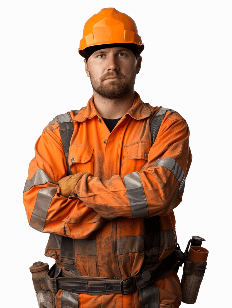 photo of construction worker, orange workwear with grey details and helmet, white background, arms crossed across chest, head slightly tilted down, looking straight at camera, isolated on the edges.