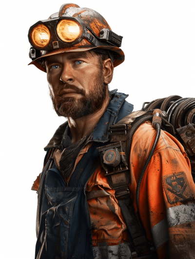 a hyper realistic photo of an American miner with orange and blue overalls, he has short brown hair and beard wearing helmet and hard oil boots, he is looking to the side at something on his shoulder. white background.