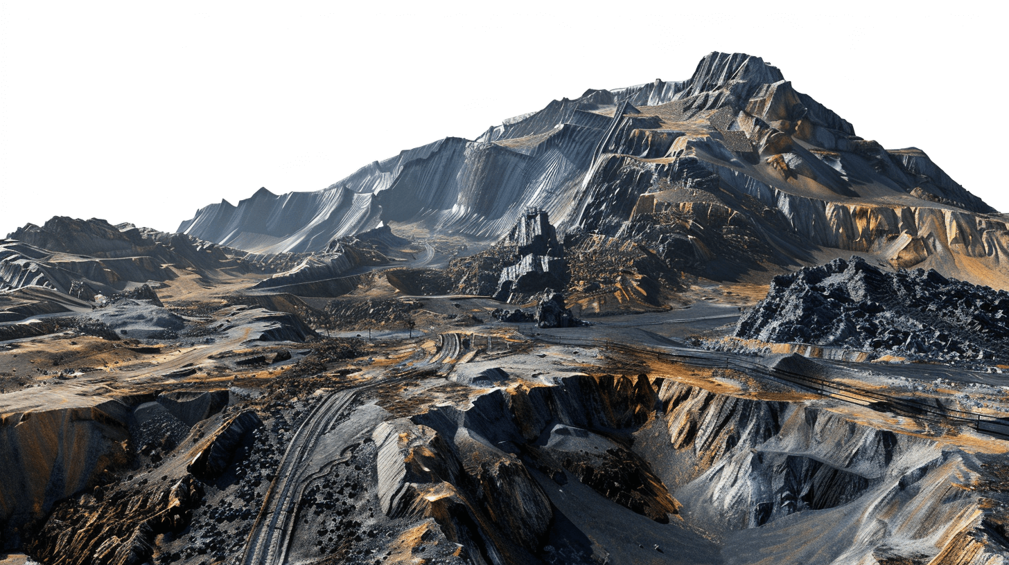 3d rendering of the mountainous terrain with an open coal mine on white background, high resolution photography, insanely detailed and intricate, sharp focus, isolated object, professional color grading