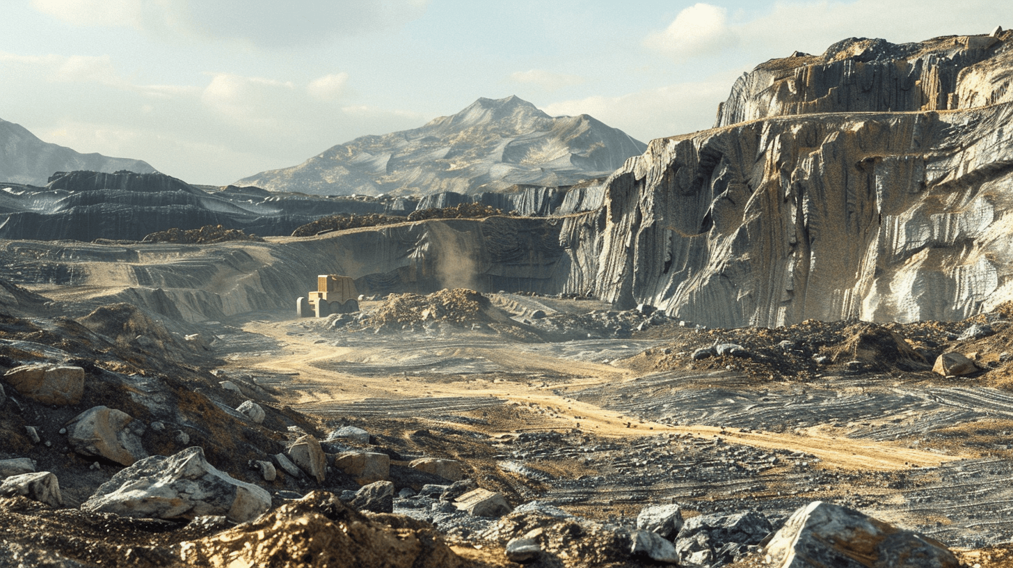 A large open pit mine in the style of Star Wars, featuring grey rocks and rough terrain. The scene includes an old yellow mining machine viewed from the side, and there is a mountain range visible in the distance. In front lies some dirt road. Hyperrealistic, cinematic.