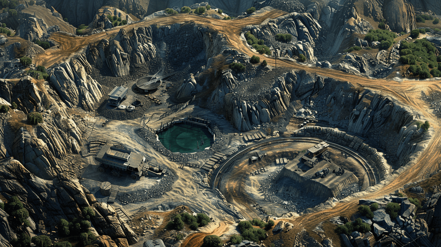 Aerial view of an open pit mine with several smaller white stone mining towers, a circular pond in the center surrounded by rock formations and rough ground, in a medieval fantasy setting in the style of Lord Of The Rings, D&D concept art, with high resolution, high detail, and high quality.