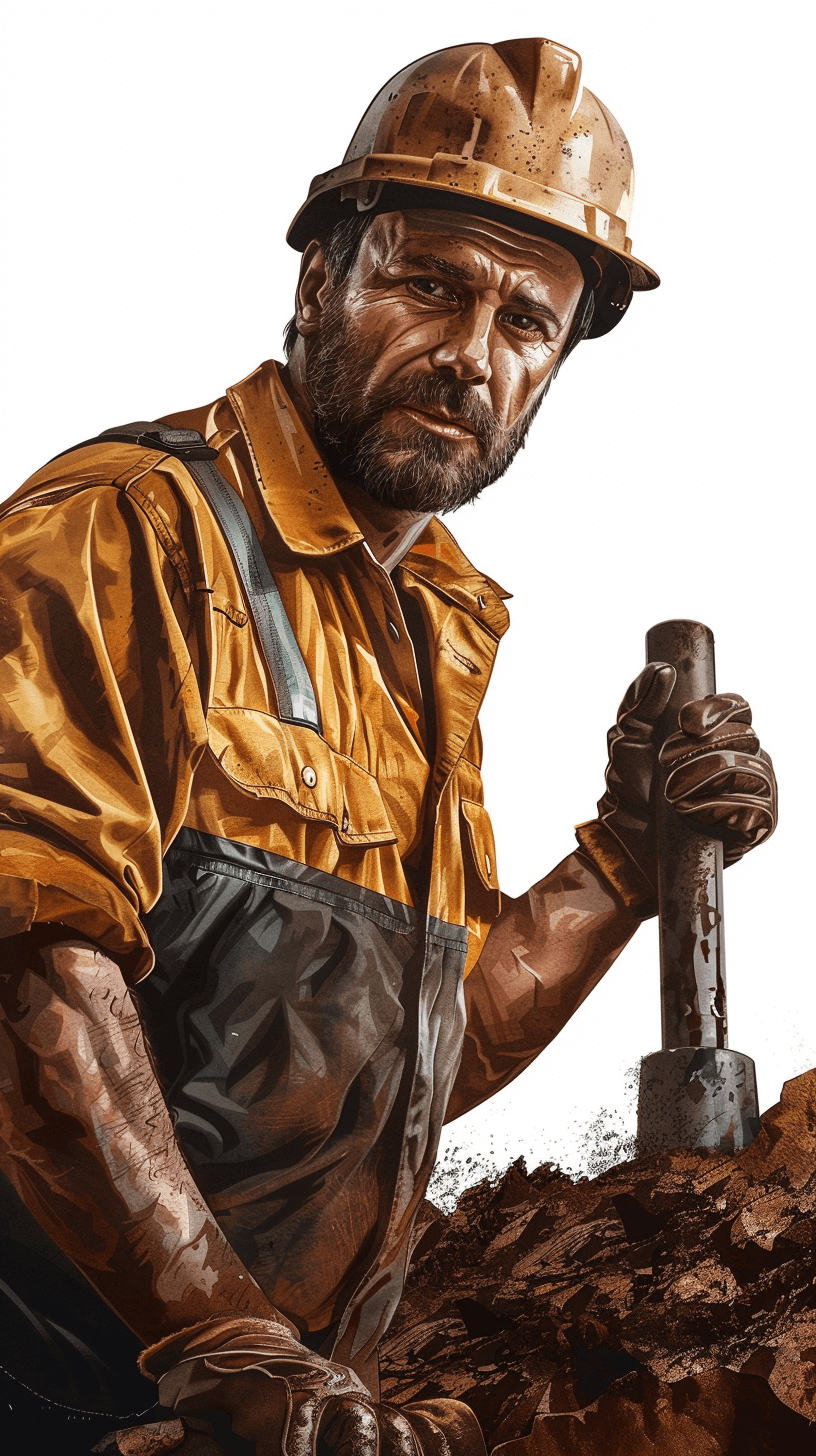 A portrait of an industrial worker in work , wearing a helmet and holding a sledgehammer, against a white background, in a hyper realistic oil painting style. On top of the painting there is soil or dirt with a brown color. The man has a beard and he looks strong and muscular. He wears leather gloves and a yellow shirt. A detailed and high resolution illustration.