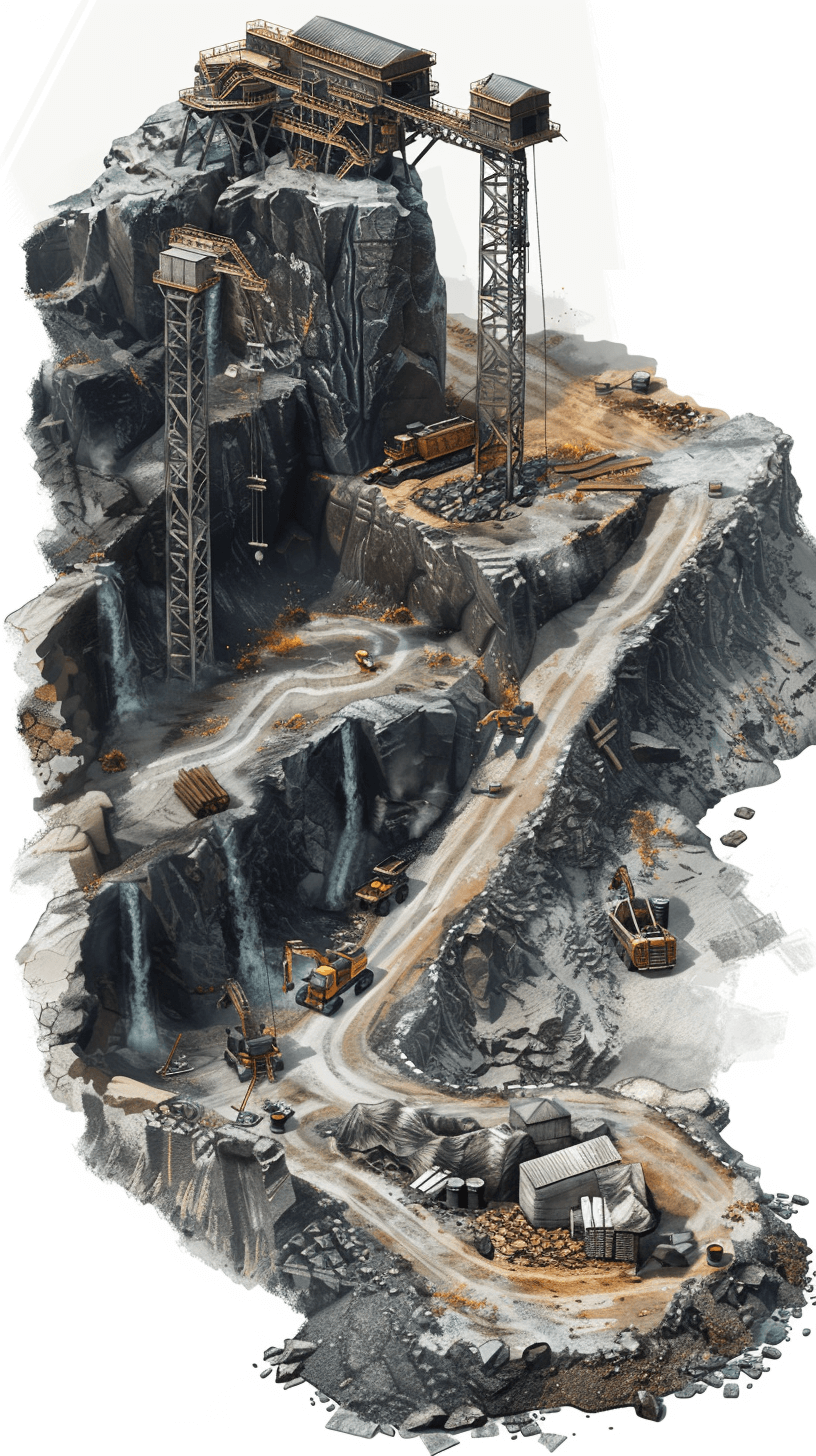 A detailed illustration of an open pit mine with machinery and trucks on the ground, surrounded by rocky terrain and cliffs. The scene is set against a white background, emphasizing intricate details in textures like rocks, dirt, waterfalls, and mountainous features. This design showcases a high level of realism, capturing every detail from machine parts to truck reflections, creating depth within the minimalistic space in the style of a realistic artist.