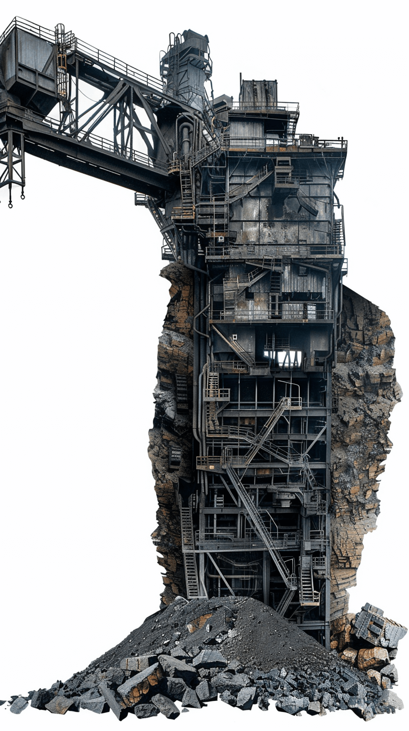 A photorealistic cutaway of an industrial coal mine against a white background, with high resolution and high detail in a hyper realistic and sharply focused style. A high quality studio photo shot.