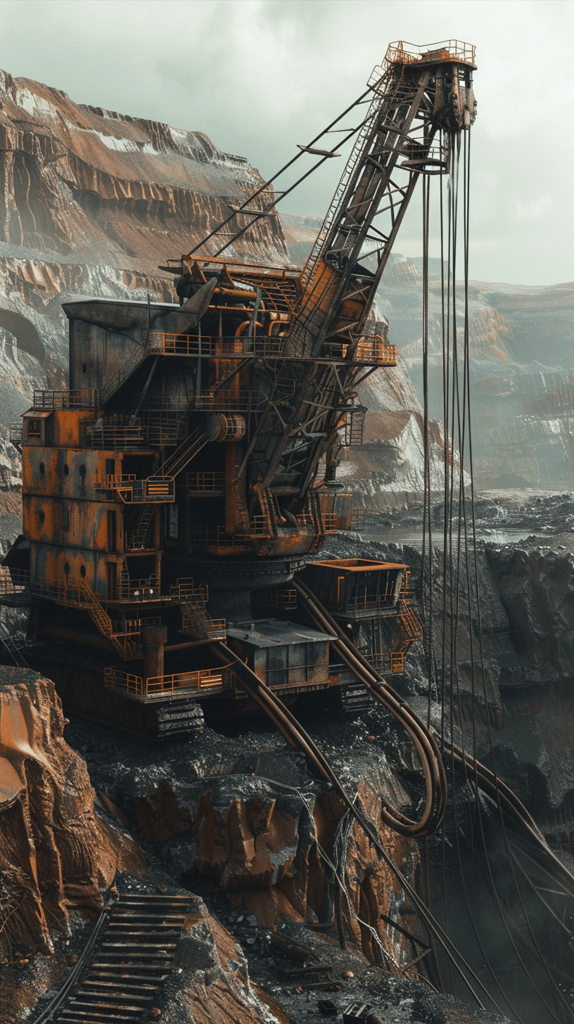 A giant industrial machine with long arms and cranes is mining coal in the open pit mine, surrounded by huge rocky mountains, surrealistic style, dark gold and light amber tones, industrial machinery aesthetics, strong contrast between foreground and background, and high definition photography. The scene of overcast weather is captured from an overhead perspective.