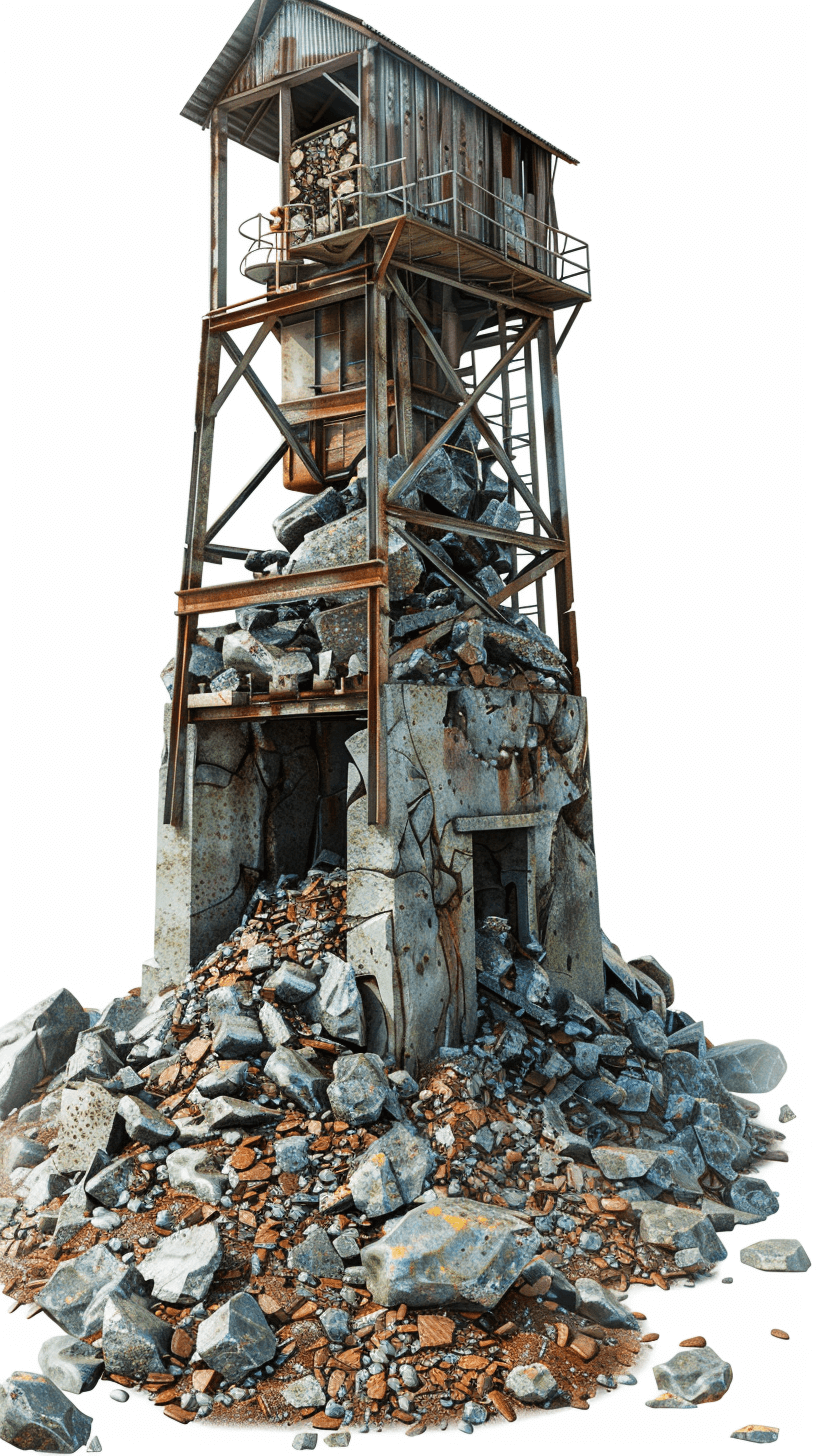 A realistic photo of an abandoned mine tower with rocks and debris on a white background, done in the style of hyperrealistic, high resolution photography.