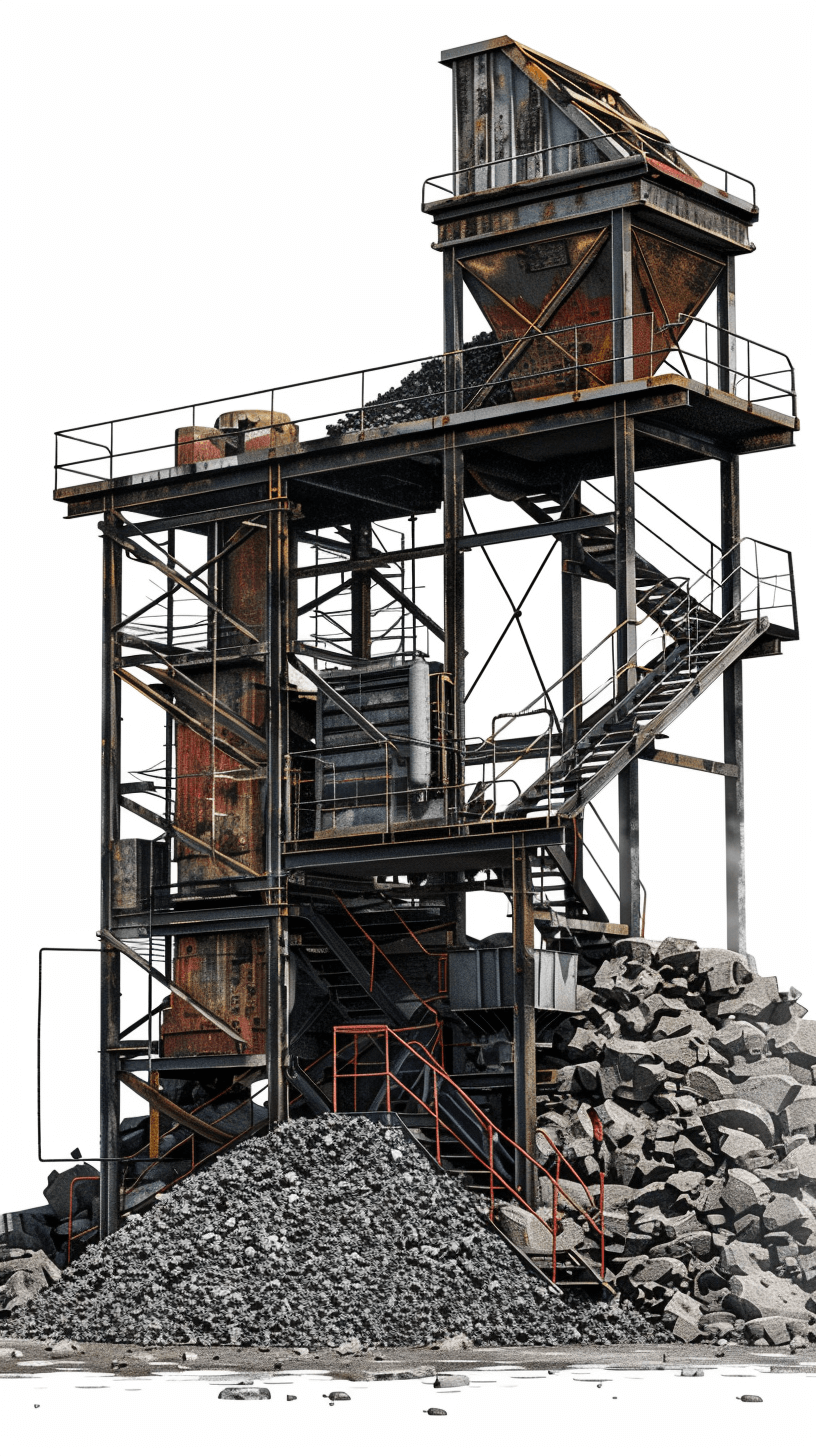 old coal mine building with stairs and industrial machinery, pile of rocks at the bottom, on white background, hyper realistic photography