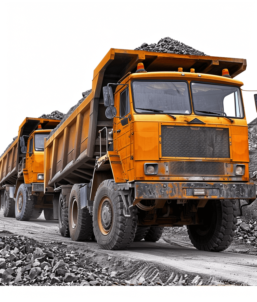 Yellow heavy machinery truck with an open cabin full of coal driving on the road against a white background, photorealistic and insanely detailed high resolution photography in the style of a wide angle stock photo shot.