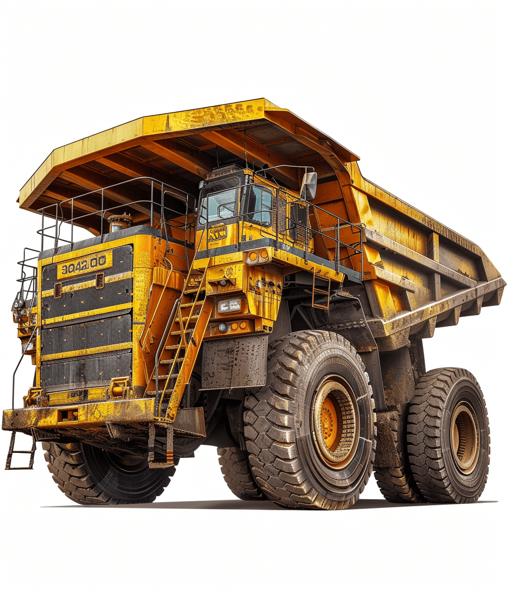 A large yellow mining truck with an open roof on a white background in a highly detailed and realistic, high resolution professional photograph in the style of HDR and high quality with no repeated shadow strokes.