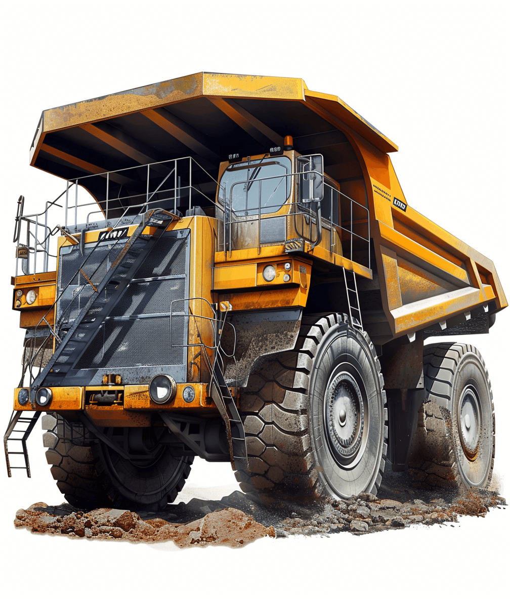 Generate an illustration of large yellow mining truck with high detailing, white background, clip art style, vector design, realism, high resolution, very detailed, high quality, high detail, octane render, high contrast, wide angle lens, bright colors, saturated color scheme, sharp focus, clear edges, high dynamic range