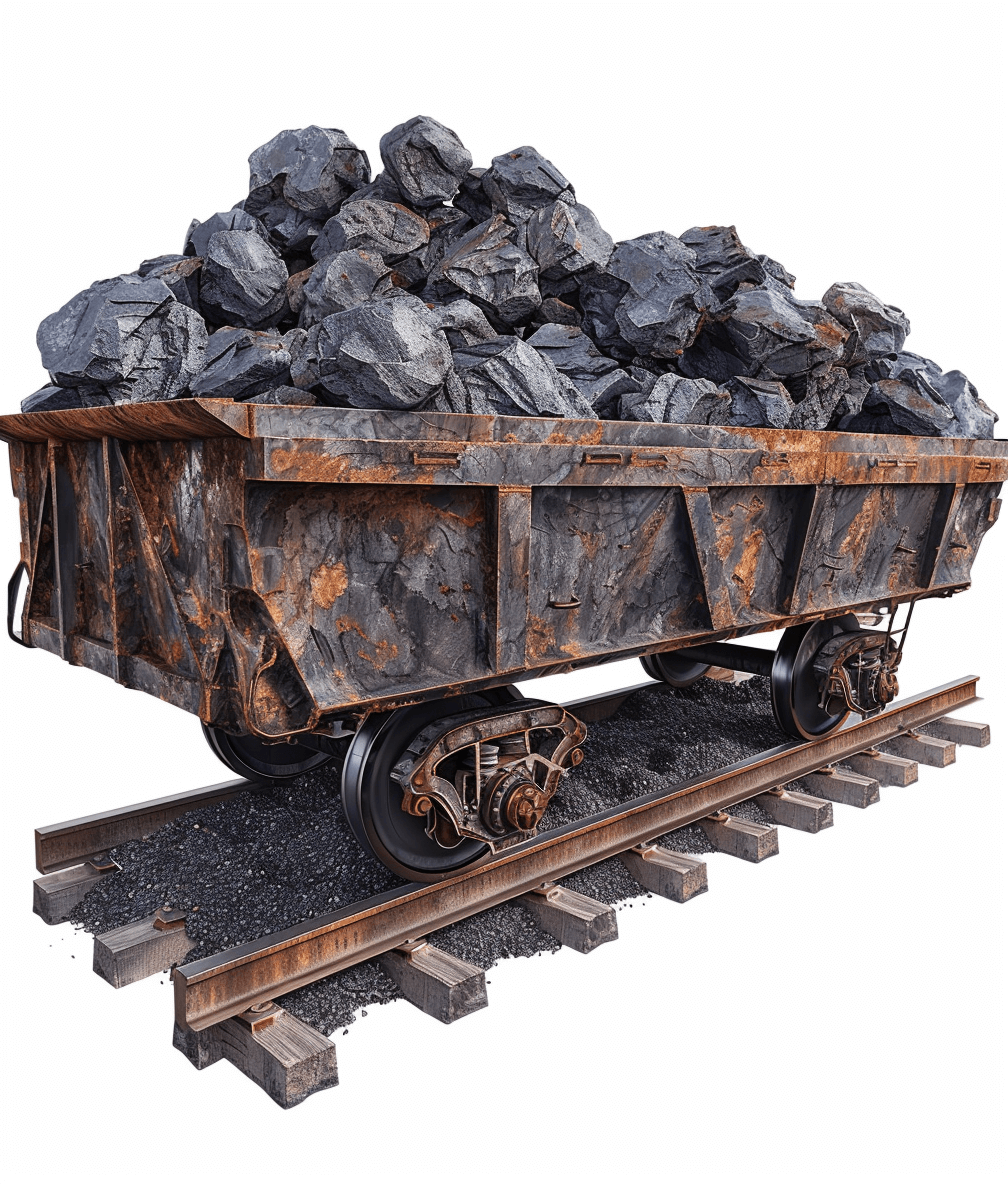 a photorealistic coal mine cart filled with coals on the side of train tracks, white background, high resolution