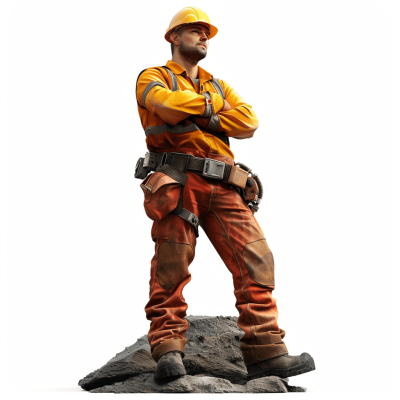 A full body photo of an attractive young construction worker standing on top of rocks with his arms crossed, wearing orange and yellow work , dark brown hair, and a hard hat on a white background. The photorealistic and hyperrealistic style features cinematic lighting, high resolution photography, and insanely fine details. The isolated plain subject has professional color grading and an award winning composition in the style of stock photo photography.