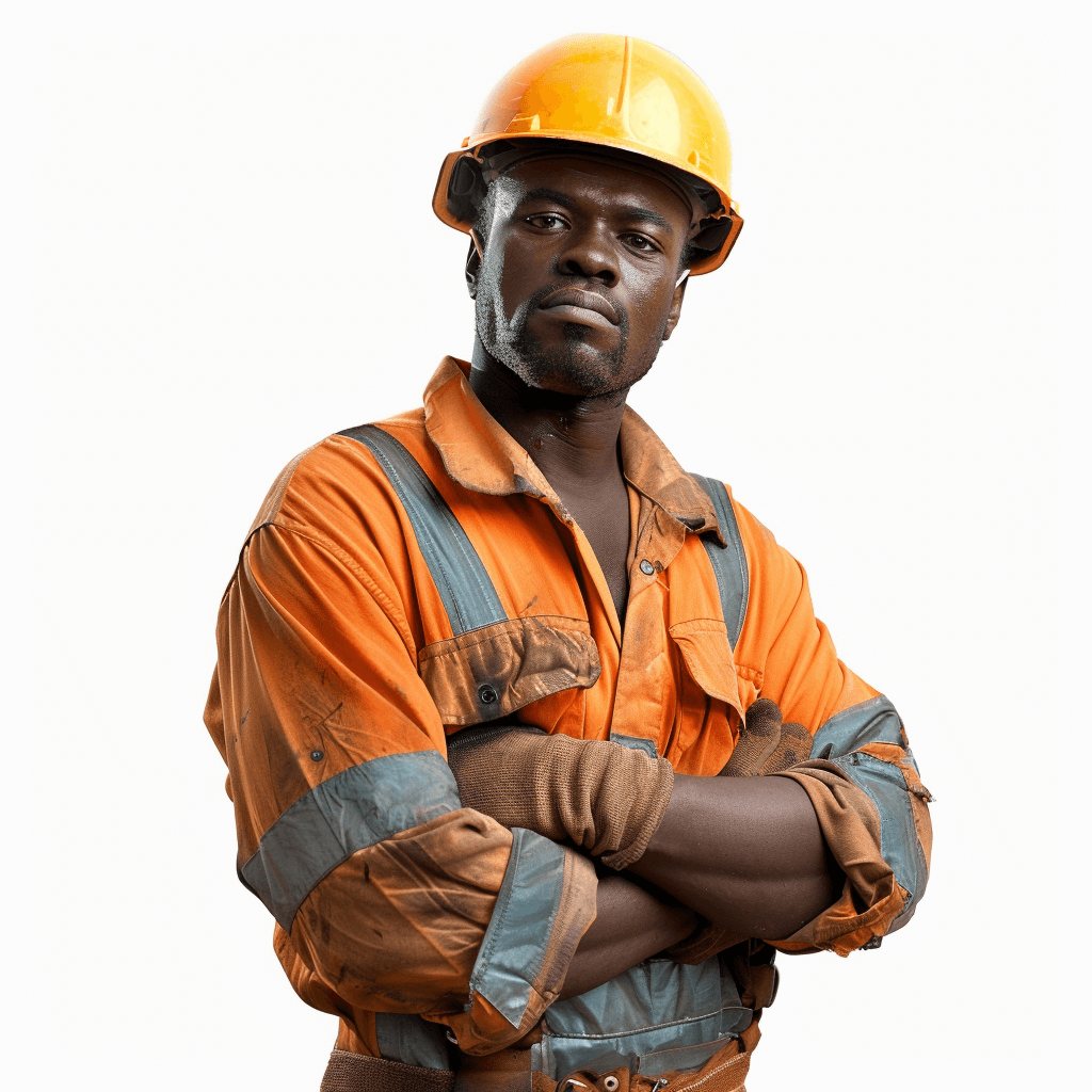 A realistic photo of an African construction worker in overalls and hard hat, standing with his arms crossed against a white background. The focus is on the man’s face showing determination or confidence as he stands tall for portrait photography. He has a dark skin tone and wears orange safety . Studio lighting. Shot in the style of photographer S swamp. Isolated against a white background.