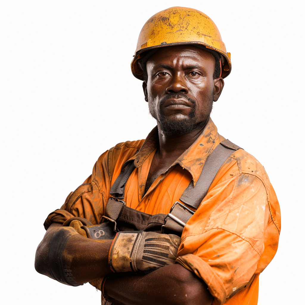 African worker in an orange shirt with overalls and helmet looking at the camera, crossed arms pose, white background, photorealistic in the style of studio photography, high resolution photography, high detail.