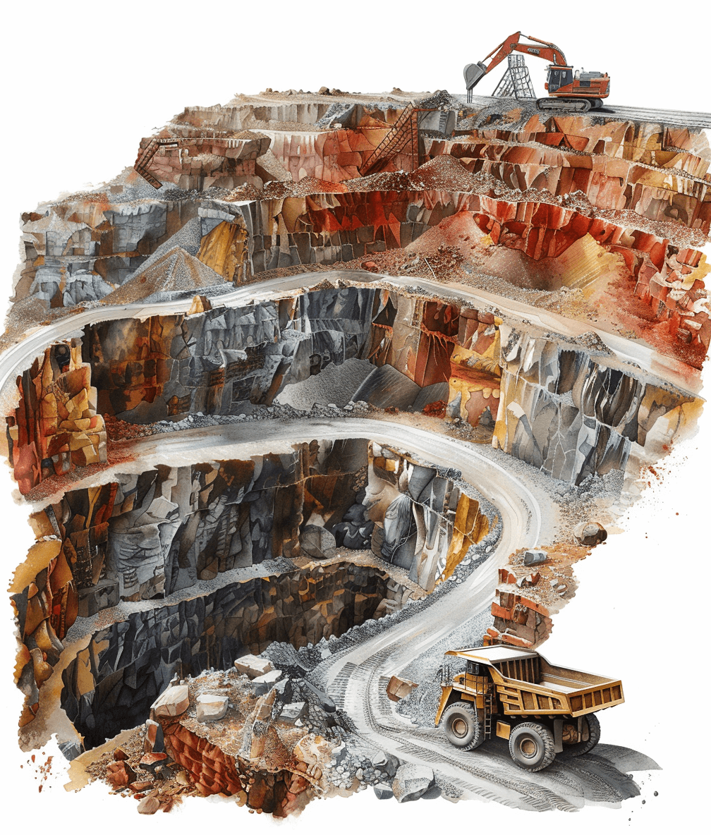 Illustration of an open pit mine with trucks and machinery against a white background, in the style of [Abigail Larson](https://goo.gl/search?artist%20Abigail%20Larson), shown as a cutaway view from above, a detailed and highly realistic illustration with intricate details and sharp focus presented at high resolution