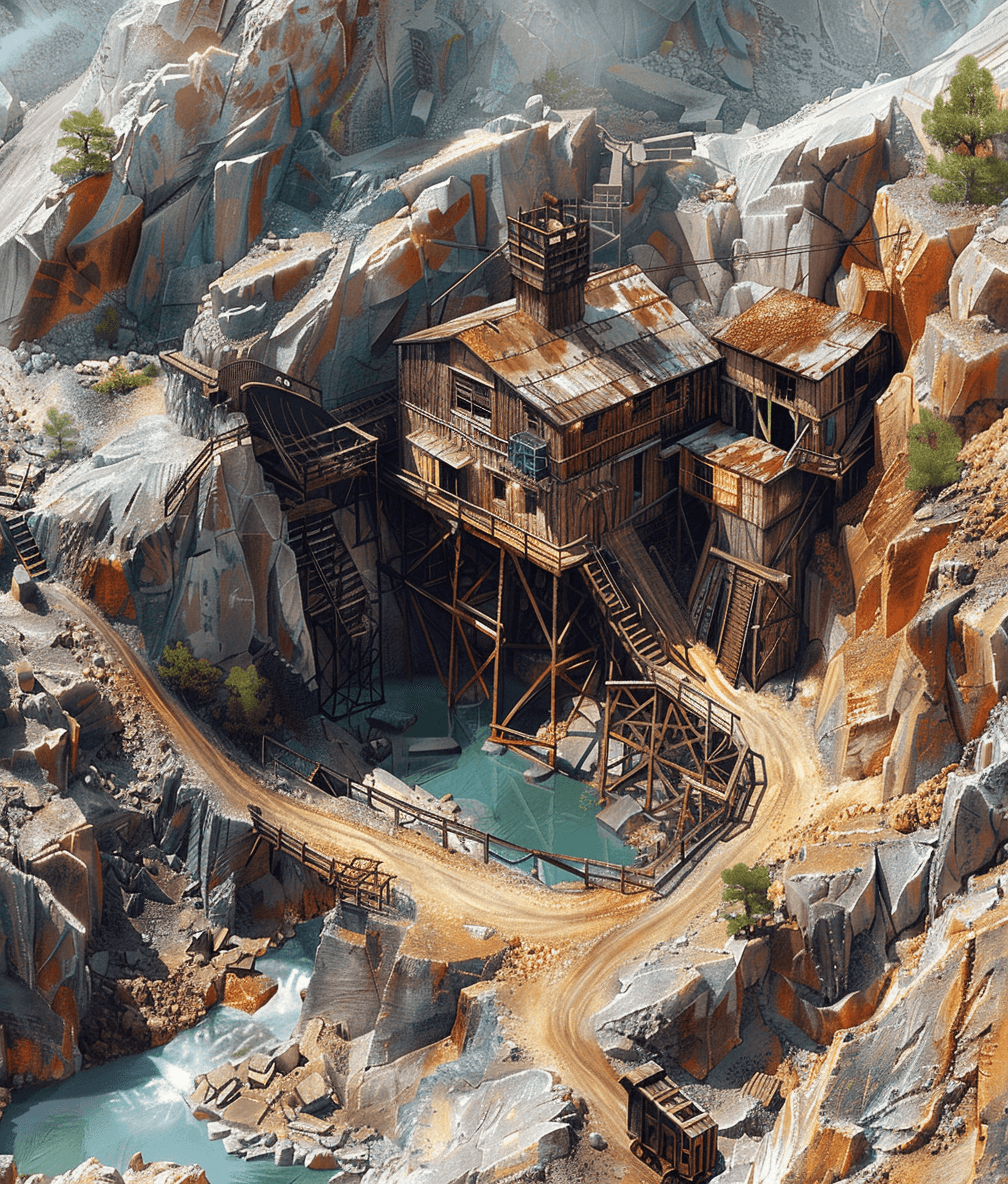 A fantasy concept art of an old abandoned gold mine in the mountains, with wooden buildings and a blue pool at its bottom surrounded by rocks, seen from above in the style of concept art.