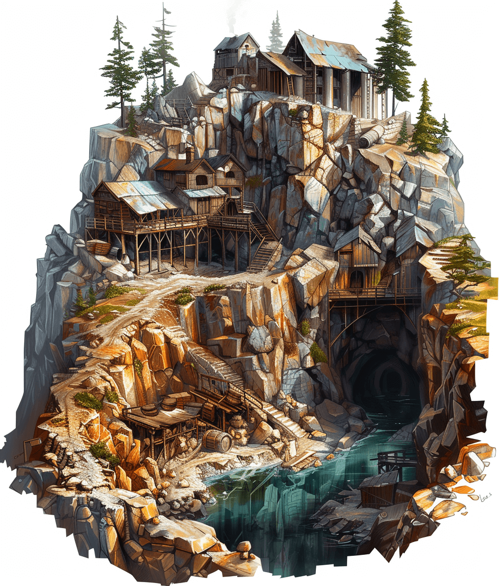 dnd art, an old abandoned gold mine on top of mountain with wooden buildings and rocks around it, there is water flowing out from under the rock that forms part of its architecture, white background