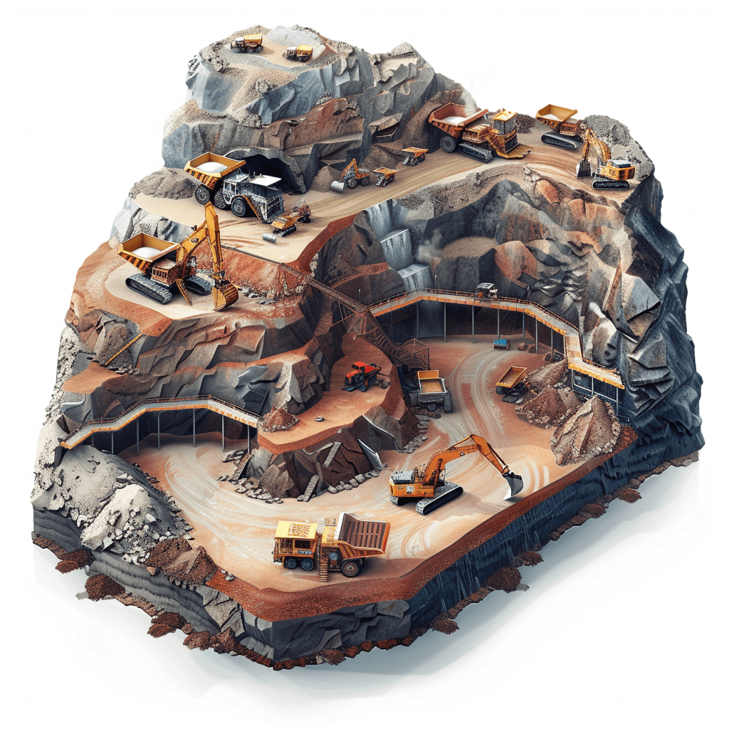 A highly detailed and realistic cutaway illustration of an open pit mine with trucks, shovels, excavators on a white background. The scene is captured in a full view from above, showcasing the entire landscape. This design showcases intricate details such as equipment location, machinery and vehicles inside the cave.