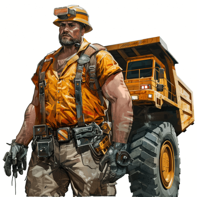 A male heavy machinery worker in the mining industry wearing an orange shirt and yellow hard hat stands next to his large truck, concept art in the style of [Greg Rutkowski](https://goo.gl/search?artist%20Greg%20Rutkowski), digital painting, full body shot, white background, hyper realistic, fantasy, game character design.