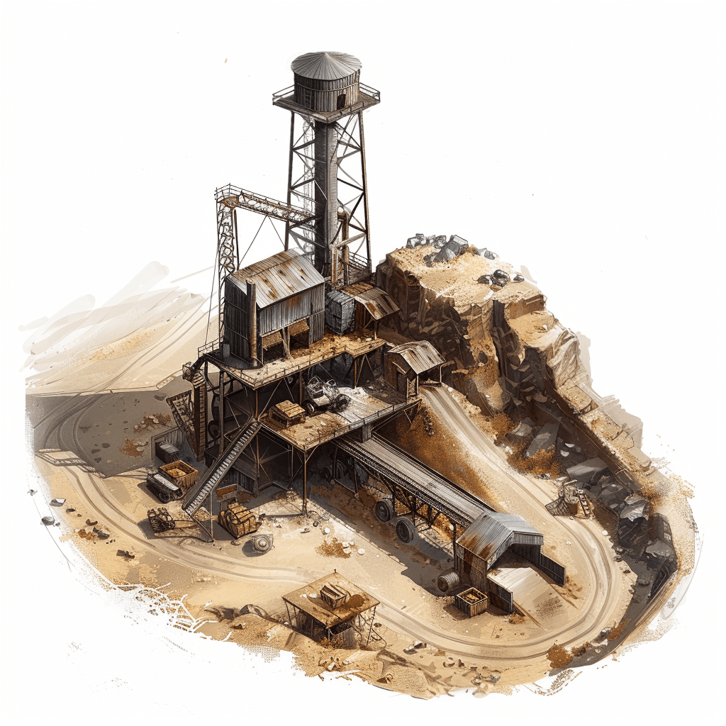 A game concept art of an old abandoned mining facility in the desert, white background, isometric view, concept sketch, light gray and bronze colors, scythe style, rough brush strokes, hand drawn, oil painting, ink wash, white background, no shadows, high contrast, ultra detailed, high resolution, digital illustration, hyper realistic, by [Greg Rutkowski](https://goo.gl/search?artist%20Greg%20Rutkowski)