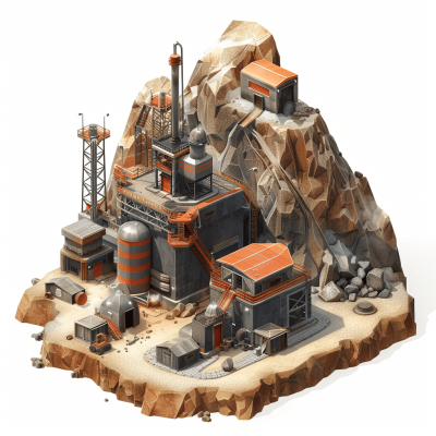 An stylized isometric view of an industrial mine on the side of a mountain in the style of game art. A high resolution concept art with a white background and high detail. A high quality and high definition rendering with high sharpness. A hyper realistic and hyper detailed style with hyper photorealism and hyper realism. A high octane rendered image.