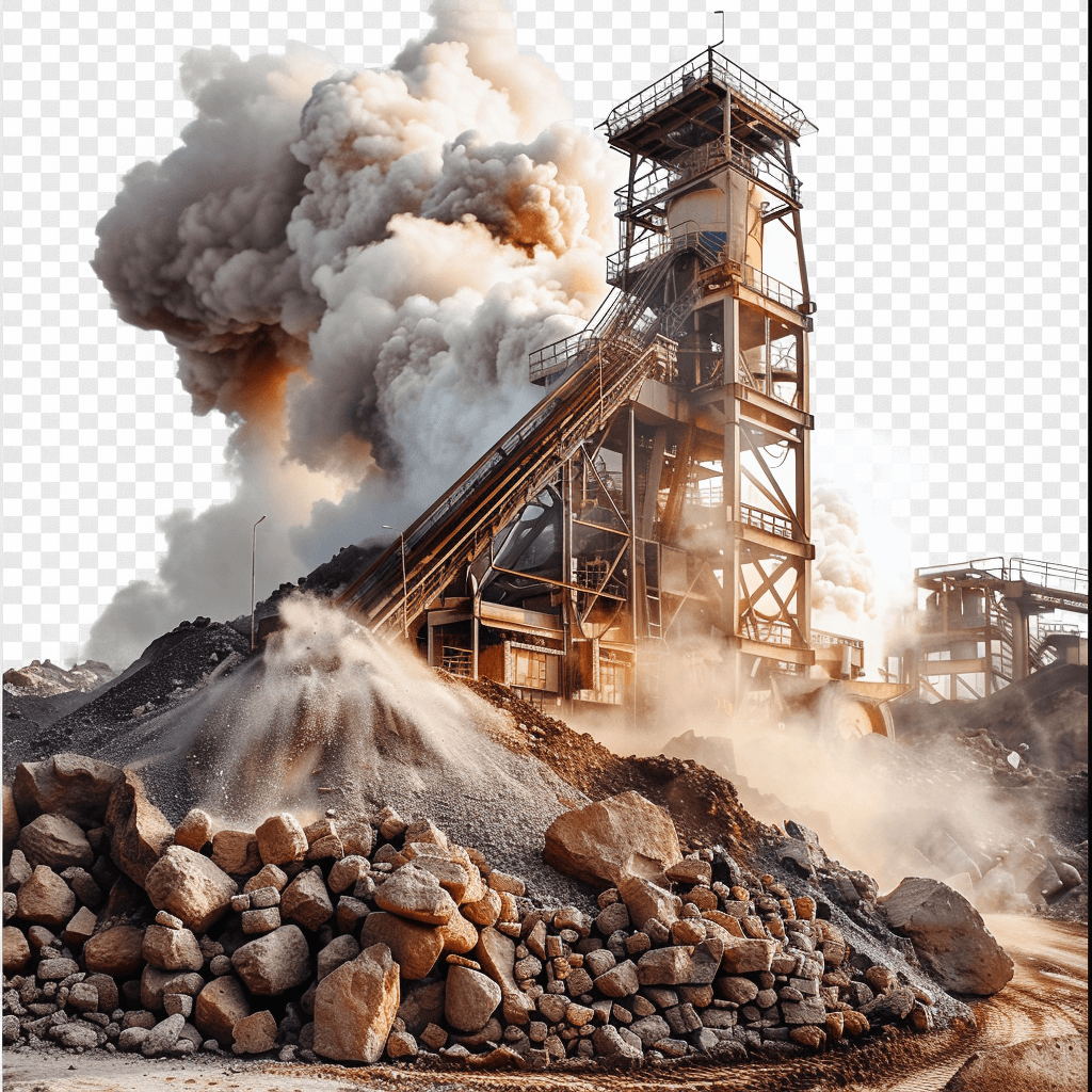 Image of a mining plant with rocks and smoke against a transparent background. Machinery is shown digging and transporting rocks in the style of impressionist artists like Monet or Van Gogh, with billowing smoke rising in the background.