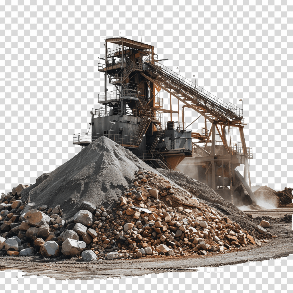 An ultrarealistic photograph of a large industrial sand and gravel plant with machinery in motion against the backdrop of a pile of rocks and dirt on a transparent background, in PNG format, in the style of a stock photo, with high resolution.