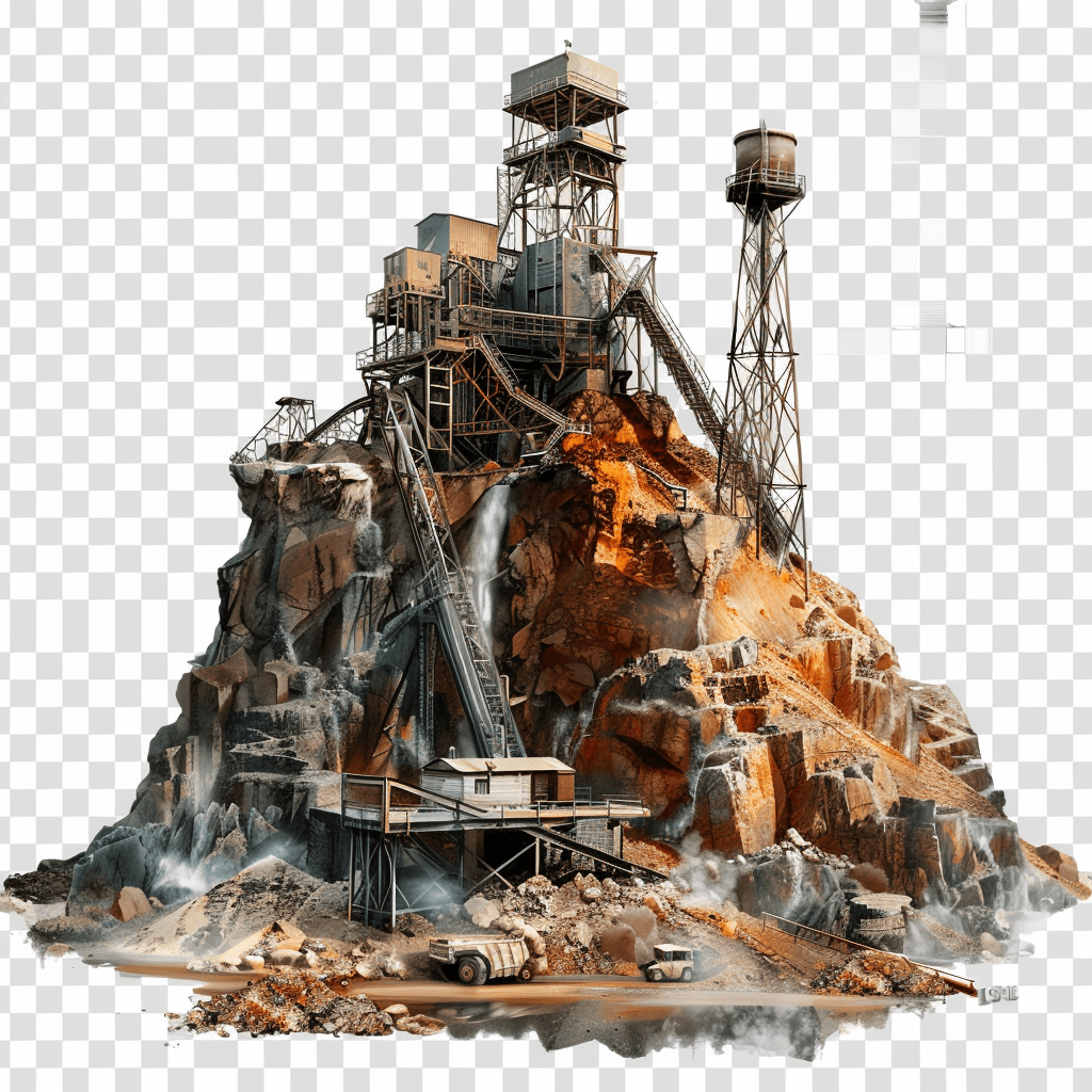 A rugged, high-tech mining machine in an open pit mine is dripping with hot rock and clay. The scene captures the industrial essence of sandstone and broken concrete on a transparent background. The style is reminiscent of transparent background PNG.