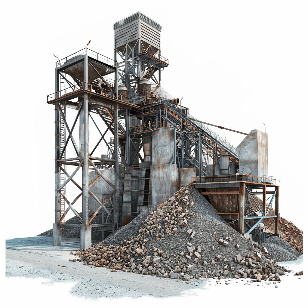 An old, abandoned mining facility with metal structures and piles of rocks on white background, no shadows, no mockups, hyper realistic render