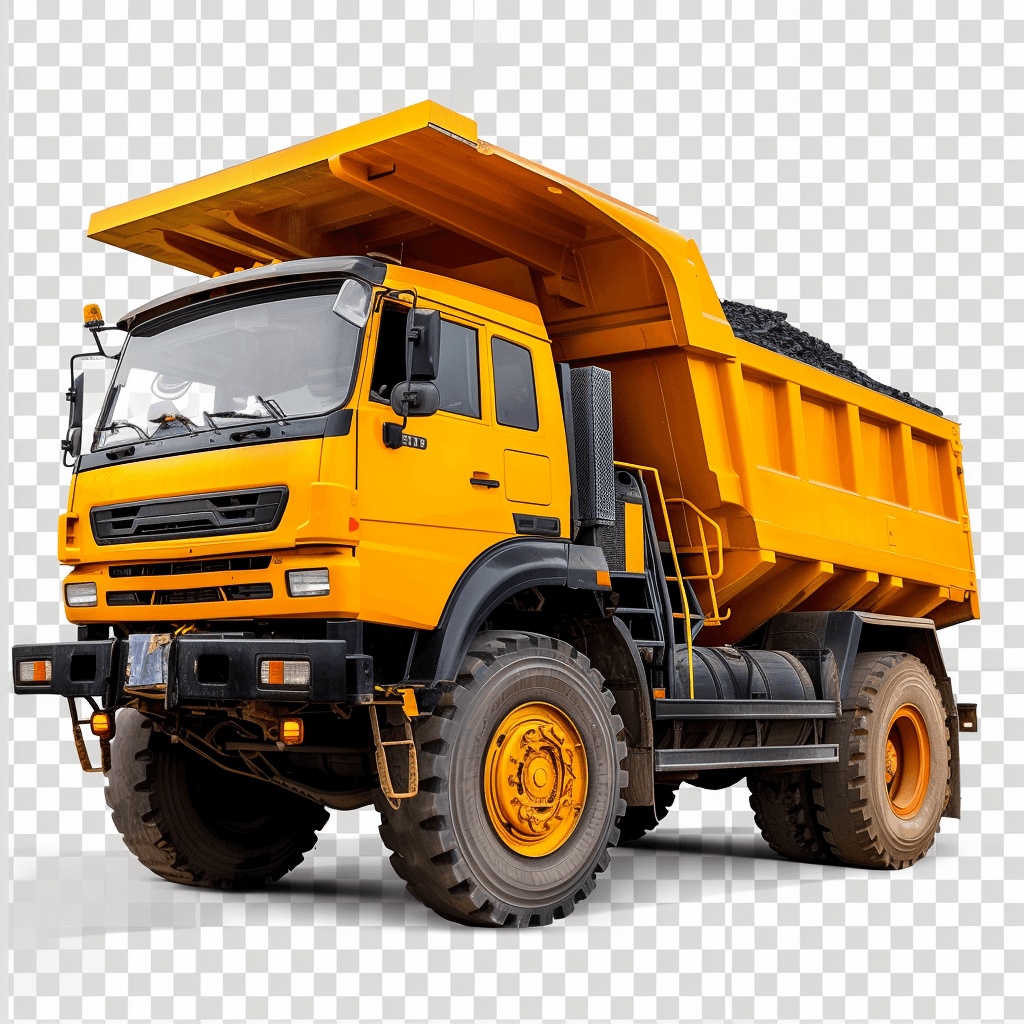 yellow heavy dump truck isolated on transparent background cutout, PNG file with clipping path.