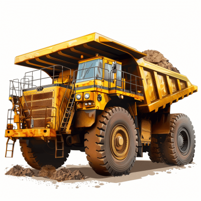 A yellow mining truck with lots of dirt on the ground, vector illustration, white background, high resolution. The illustration is in the style of vector.