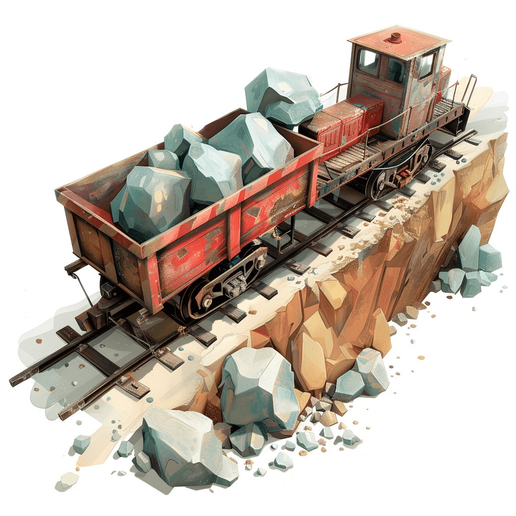 A mining cart full of rocks on the tracks, isometric perspective, white background, concept art in the style of Pixar and [Atey Ghailan](https://goo.gl/search?artist%20Atey%20Ghailan)