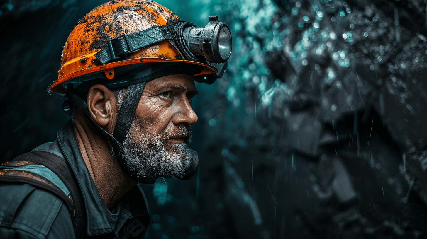 A middle-aged man wearing an orange helmet and overalls, with a beard in a mine, in a dark atmosphere with a dark blue-green color tone, in the style of portrait photography, looking at the camera, in a hyperrealistic photo style with high definition details, in a professionally photographed, sharply focused, high quality image.