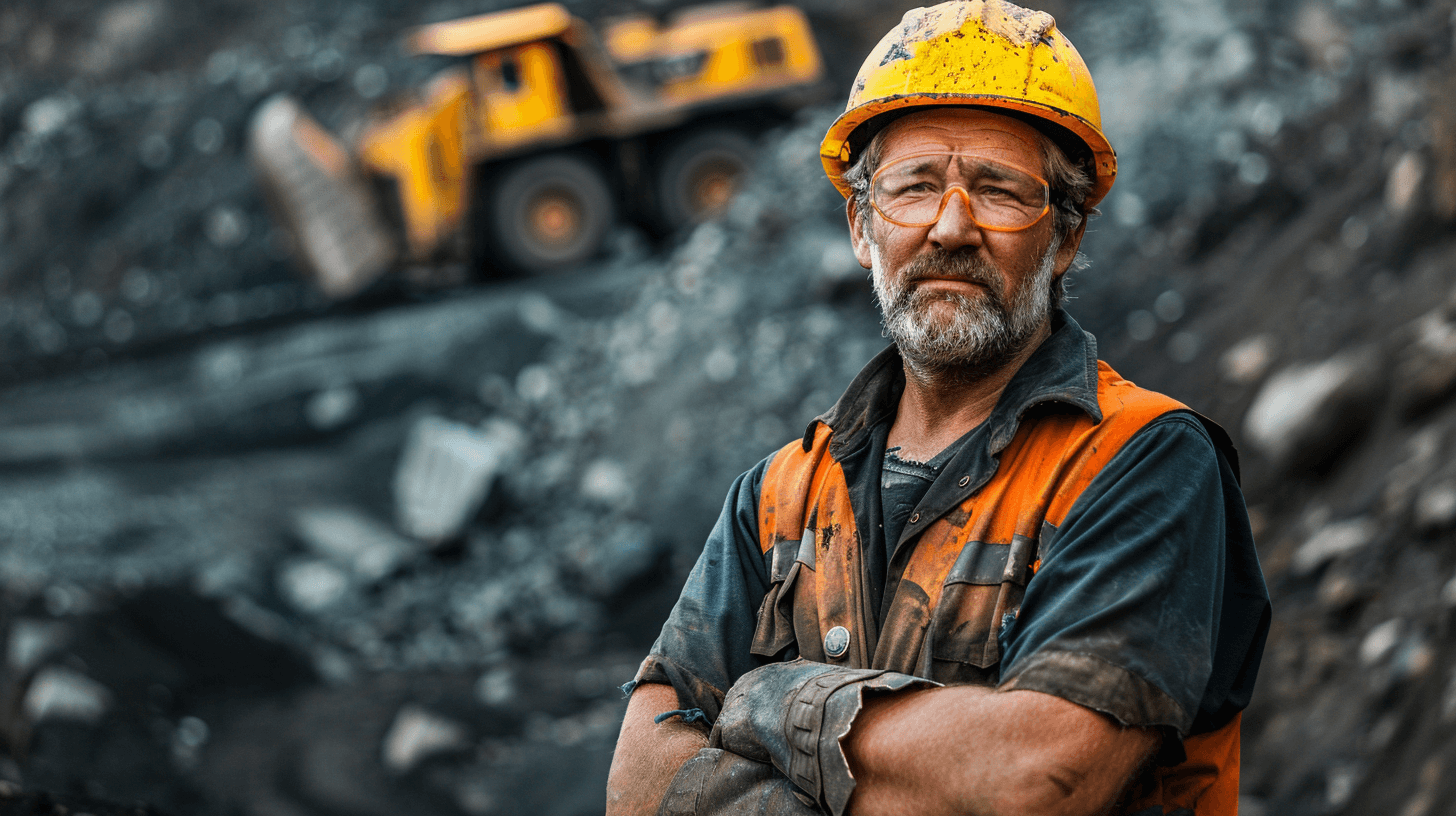 A portrait of an old coal miner in front of the mine with large trucks in the background, he is wearing a helmet and safety glasses, in the style of unsplash photography, copy space for a text banner.