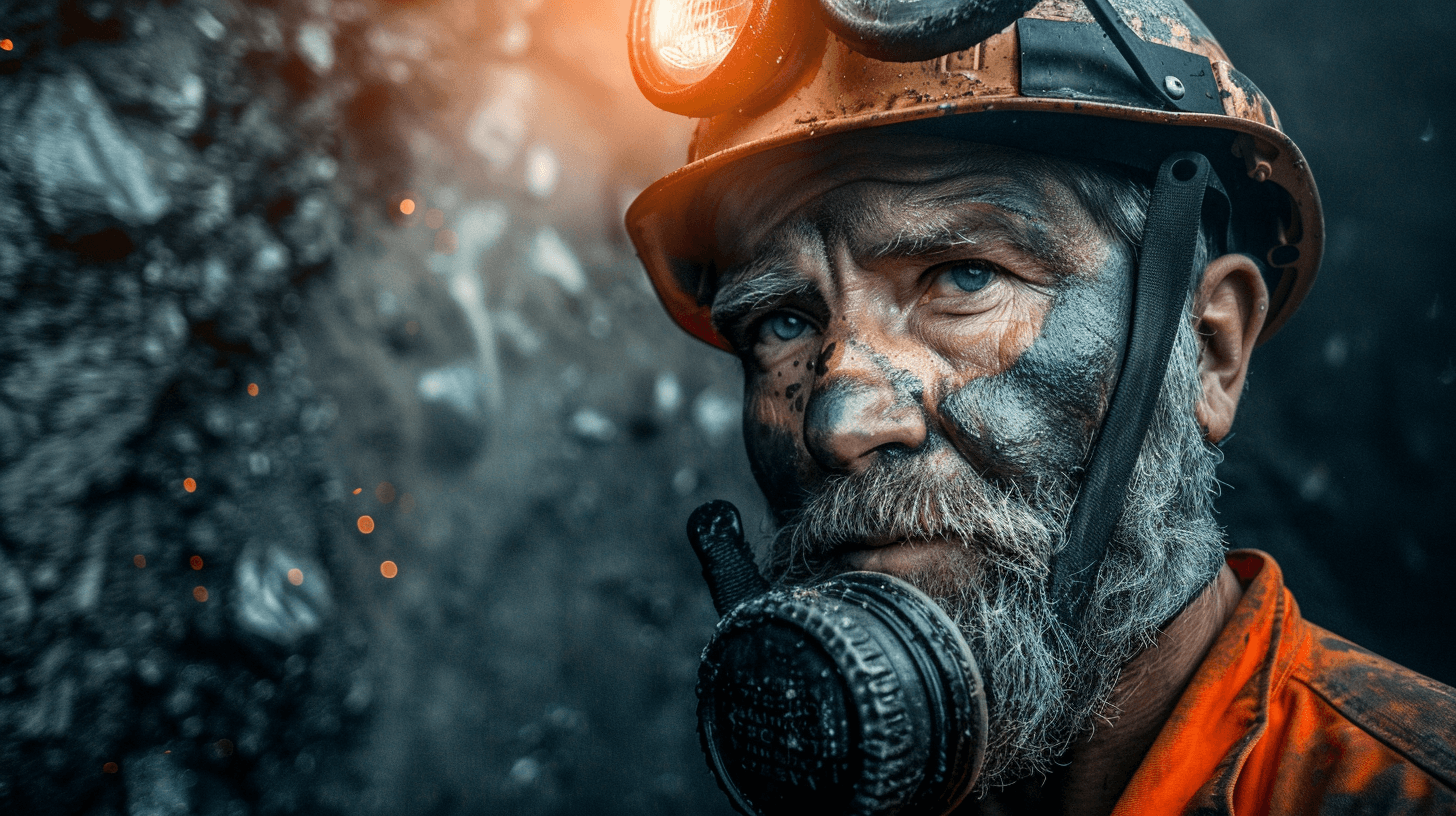 A rugged, middle-aged man with weathered skin and short beard wearing an orange hard hat and dark grey dust mask over his nose is looking at the camera. He has blue eyes and white hair that is beginning to gray. The setting appears as if he is in deep underground mining, and there are rocks visible behind him. His expression conveys determination or resilience, indicating an industrial work environment. The lighting casts shadows on parts of his face, adding depth to the scene.