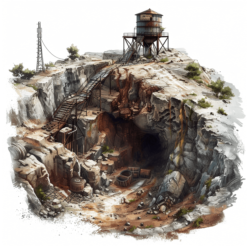 dnd style, concept art of an abandoned mine entrance on the side of mountain, white background, brush strokes